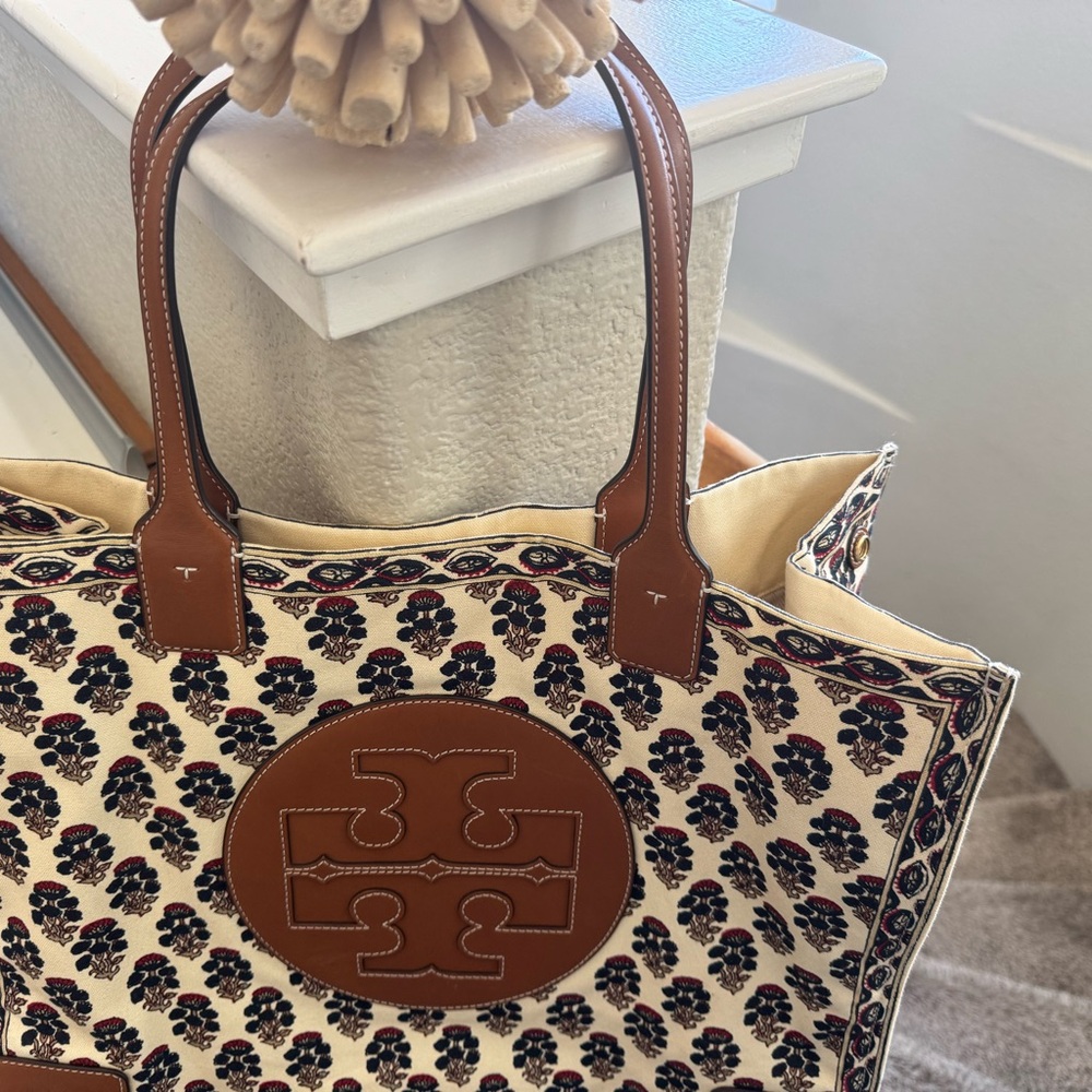 Tory Burch Floral Patterned Tote in Brown and Cream